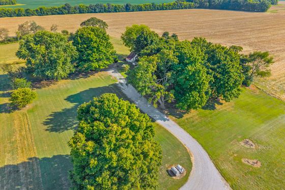 From the air: the lane in, the house under its shade trees, cropland on every side, 5525 Glass Lane