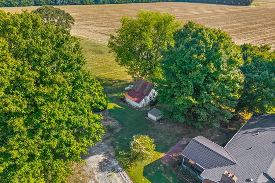 From above: the house, patio and outbuildings, 5525 Glass Lane